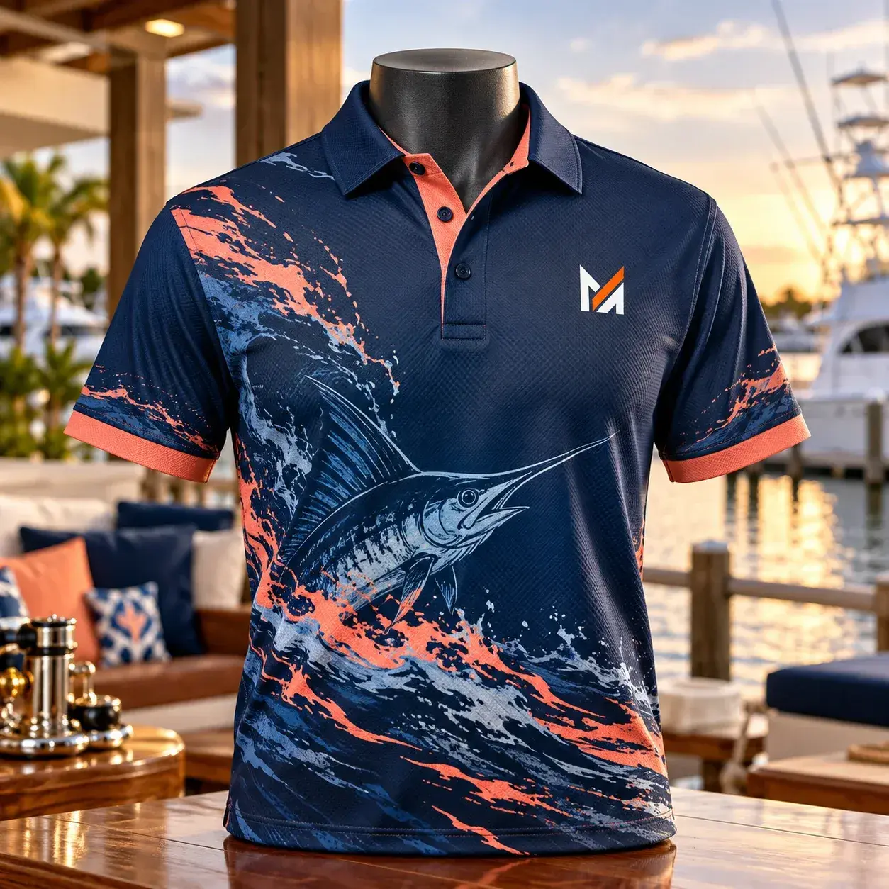 Navy blue performance fishing polo shirt displayed on a mannequin, featuring coral-orange accents, an illustrated marlin graphic, moisture-wicking fabric, and Mega Apparel branding in a marina setting.